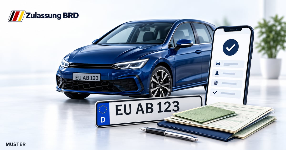 Online Fahrzeugzulassung in Bad Münstereifel: Musterkennzeichen EU AB 123, Auto und Fahrzeugpapiere und Smartphone. Illustration mit Logo von Zulassung BRD.